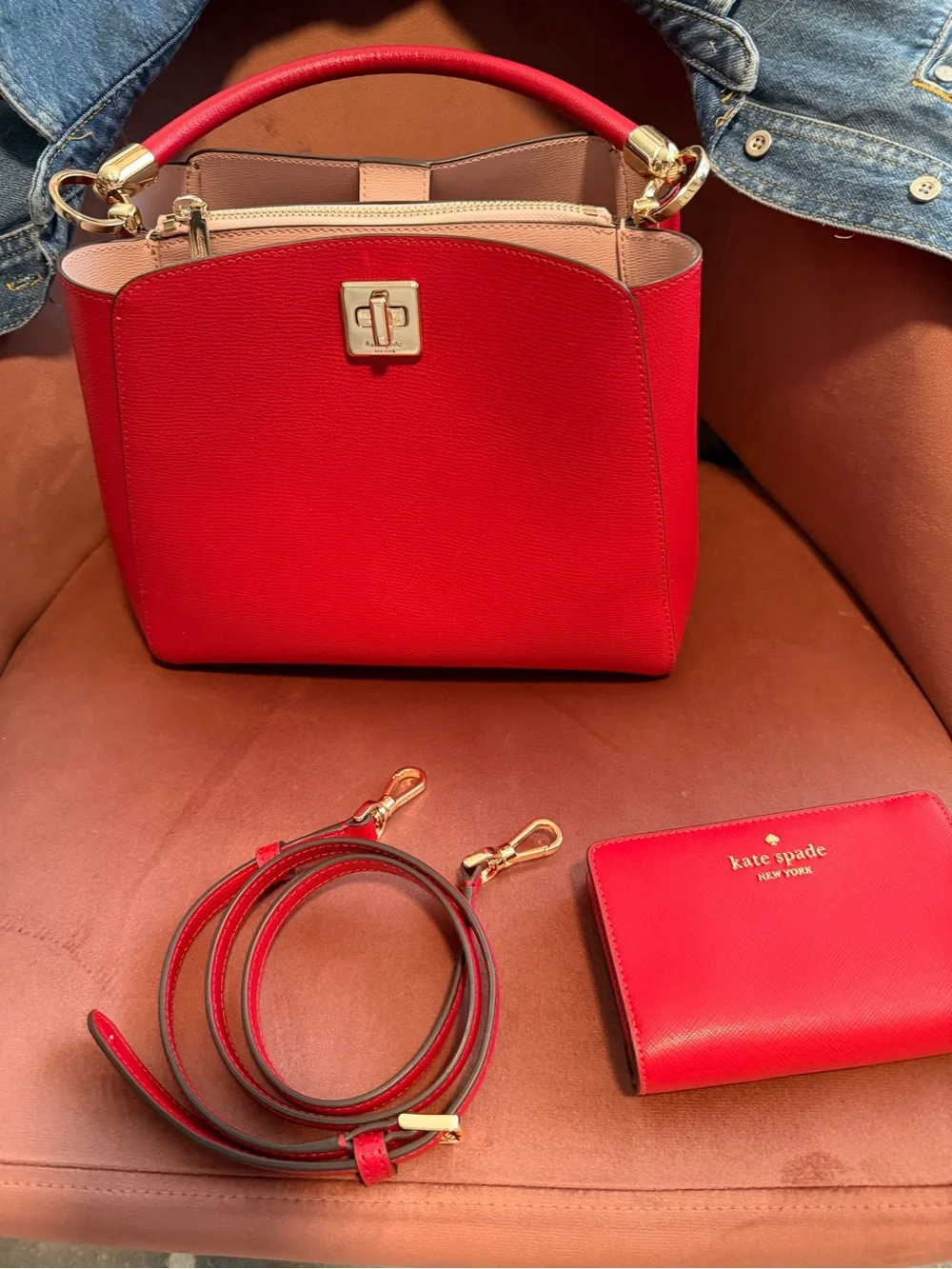 kate spade Red Structured Top-Handle Satchel with Gold Hardware and wallet